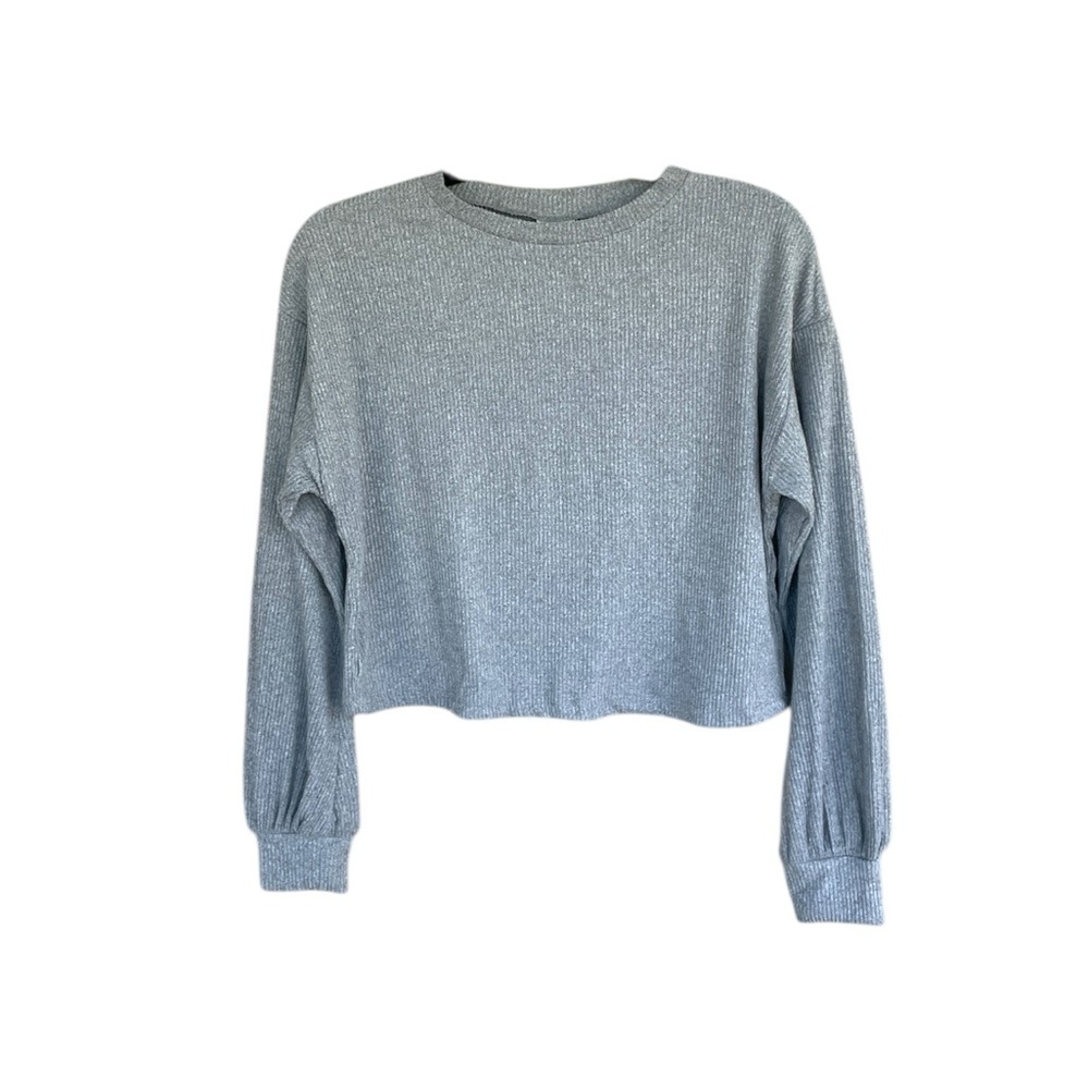 Belle Du Jour Cropped Sweater Size L Pullover Gray Top Ribbed Long Sleeve Lounge